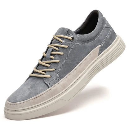 Men's grey low-top casual skate shoes with pigskin leather uppers and a flat rubber sole on a plain background.