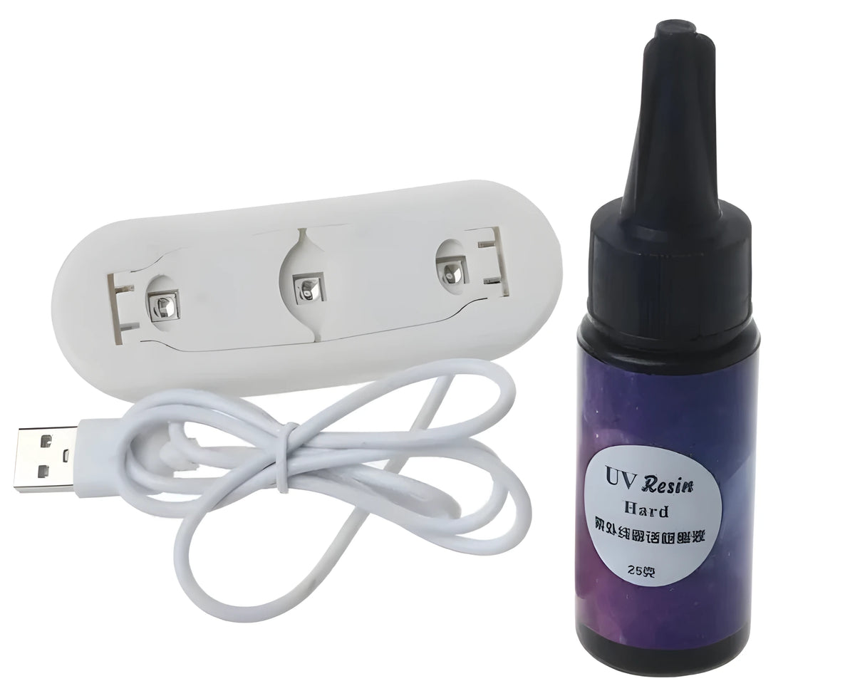 A compact metal UV dryer lamp with a timer dial and two UV LED bulbs for curing resin.