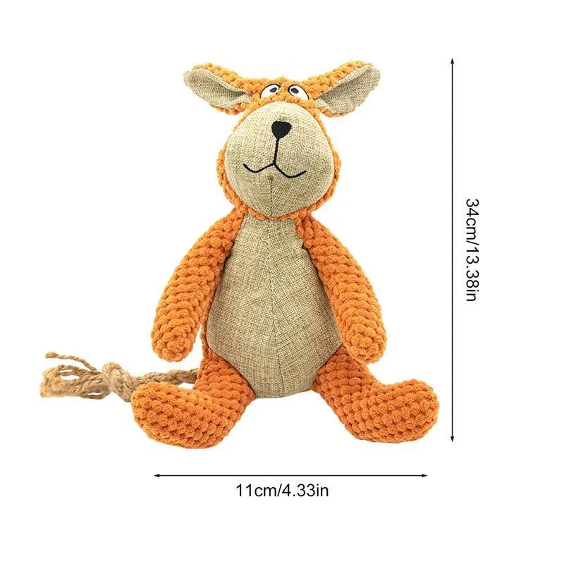 Plush dog squeaky chew toy in animal shape options: donkey, elephant, orangutan, or rabbit.