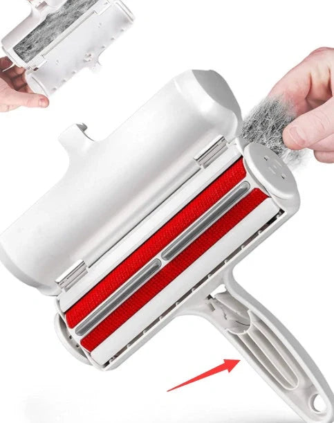 Efficient pet hair remover tool in red and blue for furniture and carpets