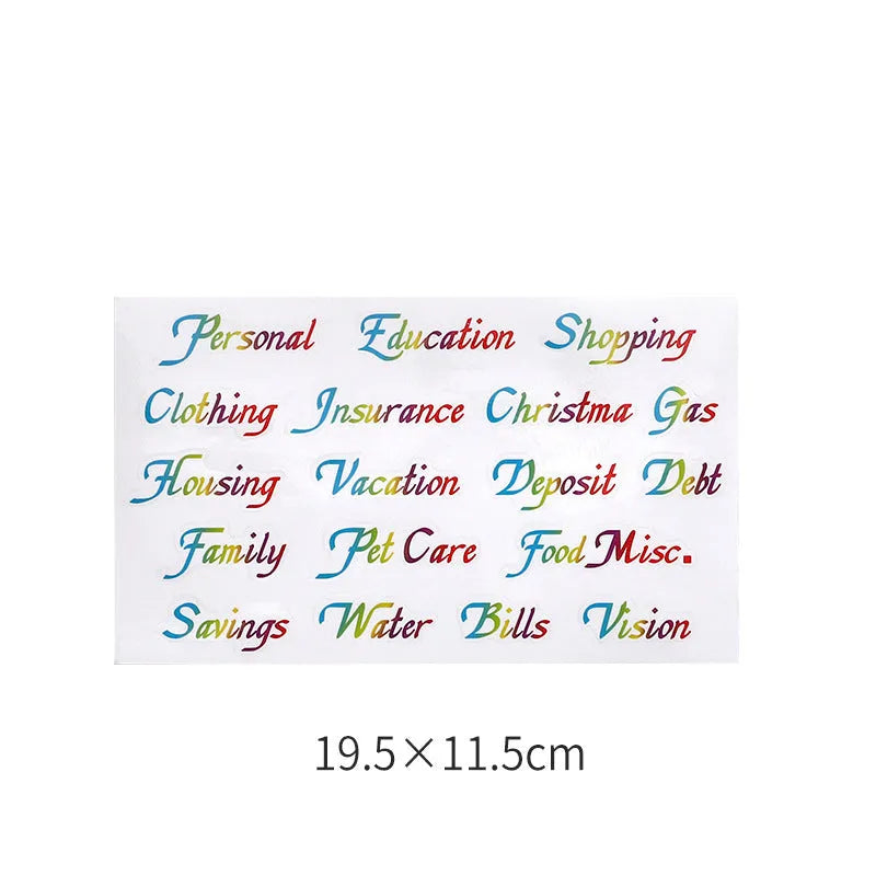 Handwritten label adhesive sticker set showing grid layouts, sticky notes, and A6 rulers on paper