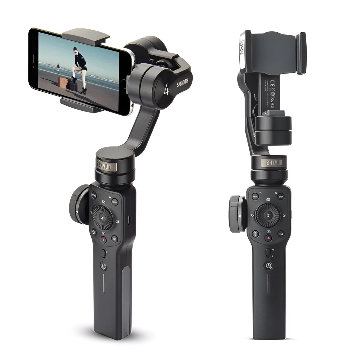 Black mobile phone handheld stabiliser gimbal on table with smartphone mounted