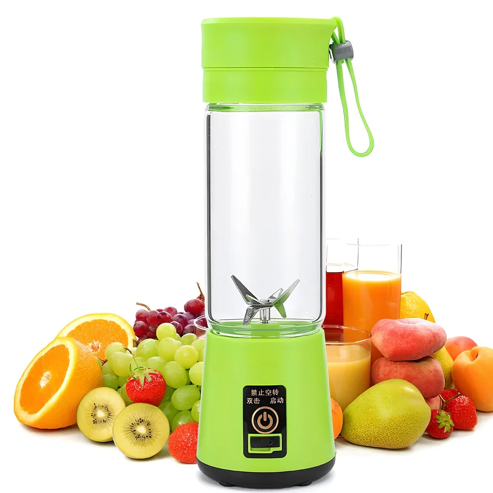 Portable USB rechargeable blender in blue with stainless steel blades, measuring 20 cm tall, for making smoothies.