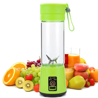 Portable USB rechargeable blender in blue with stainless steel blades, measuring 20 cm tall, for making smoothies.