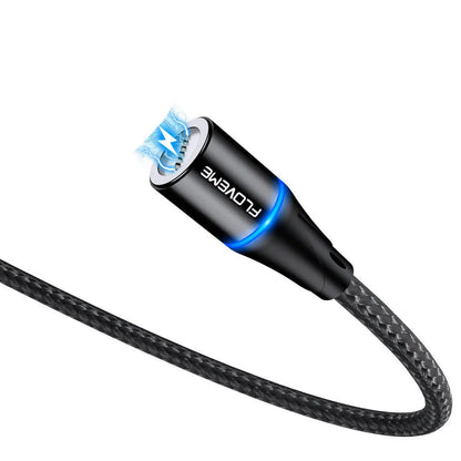 Black magnetic fast charge cable with LED light and three interchangeable tips for iPhone, Android, and Type-C connectors