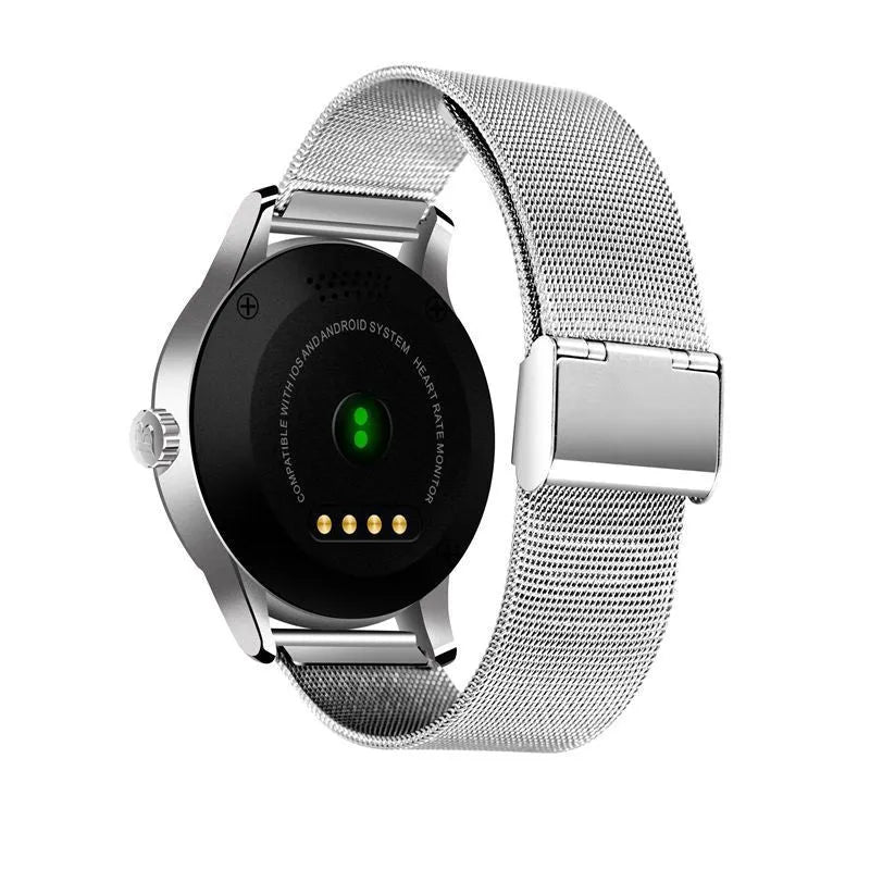 K88H smartwatch with heart rate monitoring and sleep tracking, 1.3-inch IPS full-view screen, 128MB+64MB memory, compatible with major smartphone systems, available in black, gold, rose gold, and silver colours with belt or steel strap options