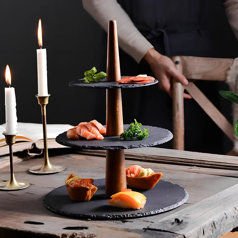 Hand-painted wooden multi-layer cake plate with Japanese-Korean styling for dessert presentation