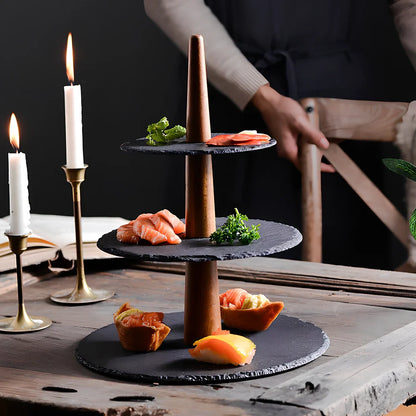 Hand-painted wooden multi-layer cake plate with Japanese-Korean styling for dessert presentation