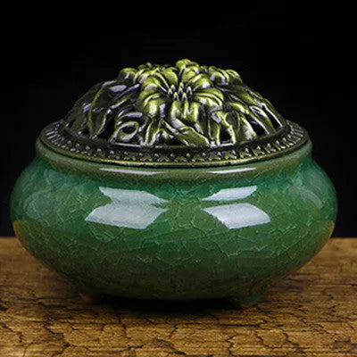 Retro ceramic incense burner in multiple glaze colours with 8cm diameter and 7cm height