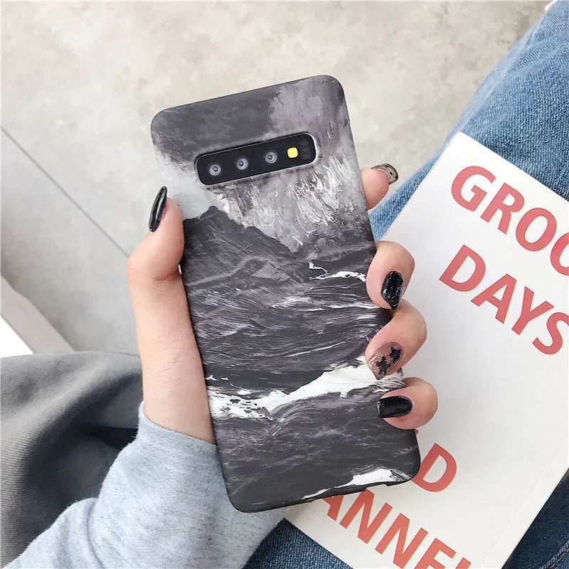 Samsung marble effect phone case with realistic water-transfer sticker design, protective polycarbonate back cover compatible with Note and S series models including Note10, S10, S8, S9