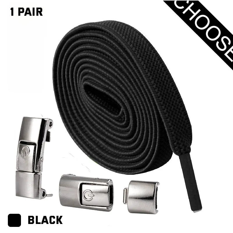 Press lock elastic shoelace with 8mm widened flat profile in assorted colours.