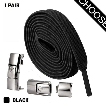 Press lock elastic shoelace with 8mm widened flat profile in assorted colours.
