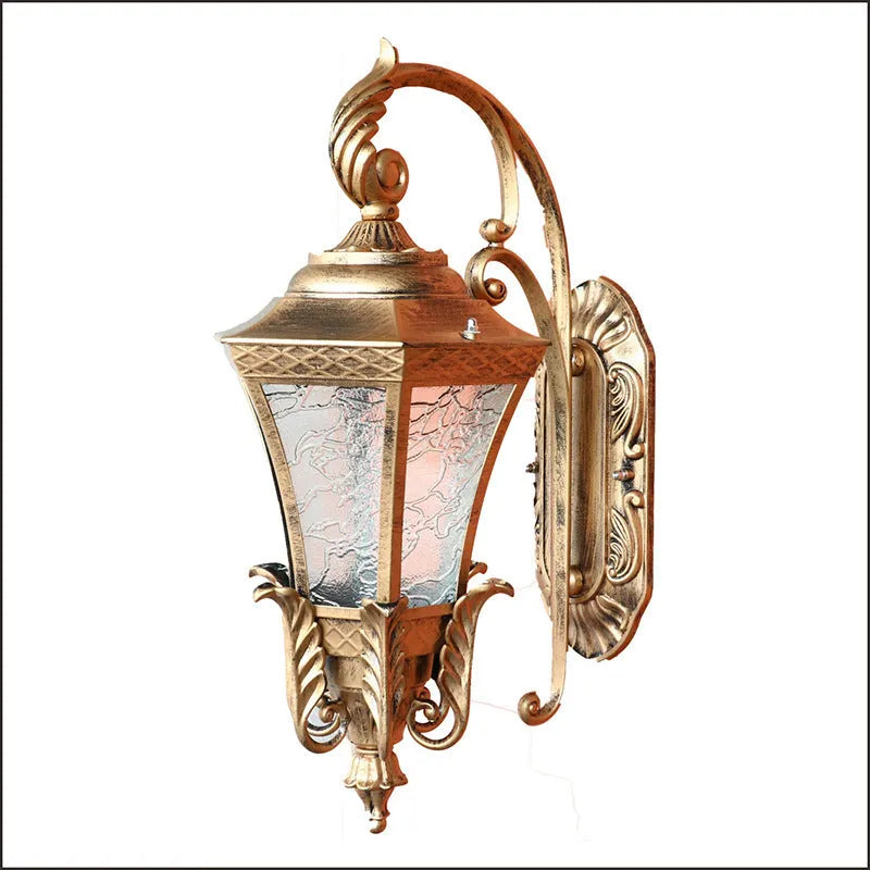 Black European-style solar outdoor wall lamp with remote control on a brick wall.