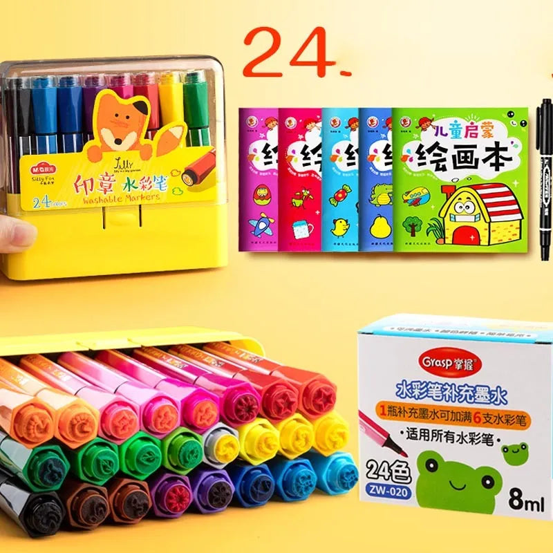 Safe non-toxic washable painting brush set with hexagonal rods in blue, pink or yellow