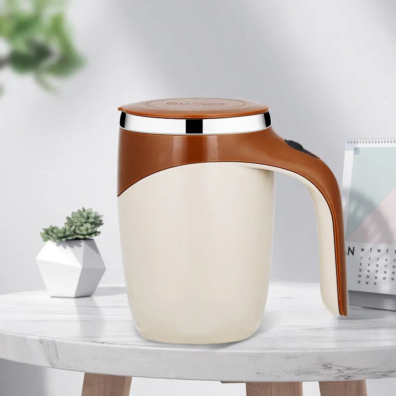 White automatic stirring coffee cup with magnetic mixing technology and modern design