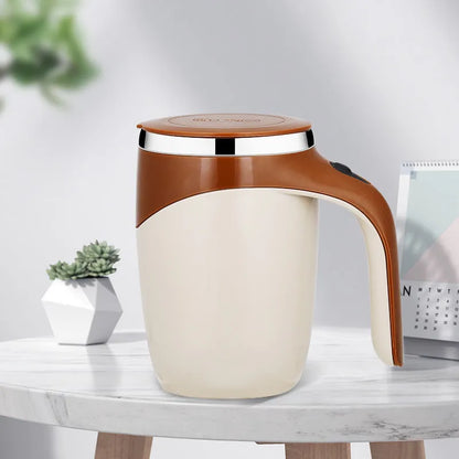 White automatic stirring coffee cup with magnetic mixing technology and modern design