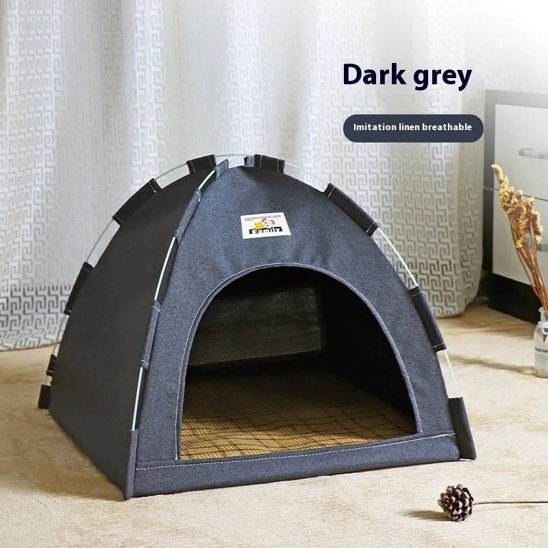 Grey linen-like fabric tent pet bed for cats and small dogs, showing enclosed design with removable cover.