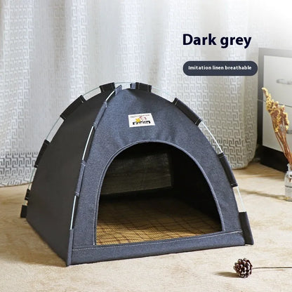 Grey linen-like fabric tent pet bed for cats and small dogs, showing enclosed design with removable cover.