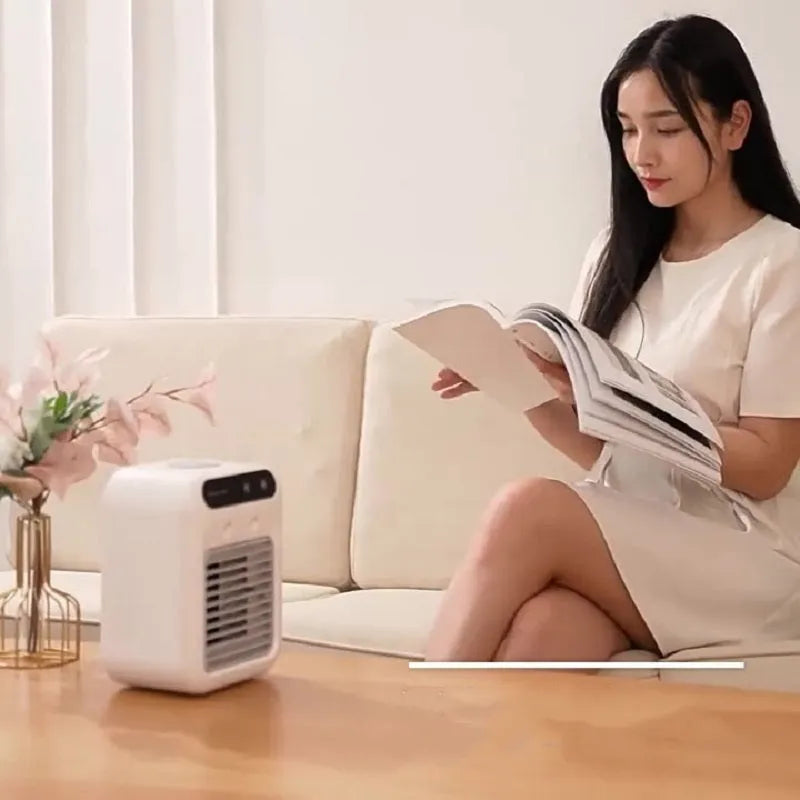 Ivory white USB portable air cooler with water tank and touchscreen display for personal cooling
