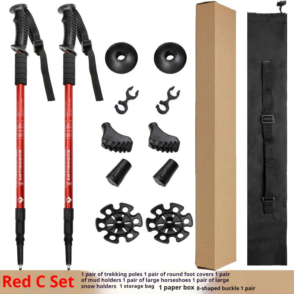 Aluminium alloy telescopic trekking pole extended with three straight handles and accessory attachments