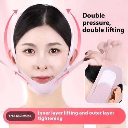 Green and purple breathable fabric V face shaping mask for lifting and tightening.