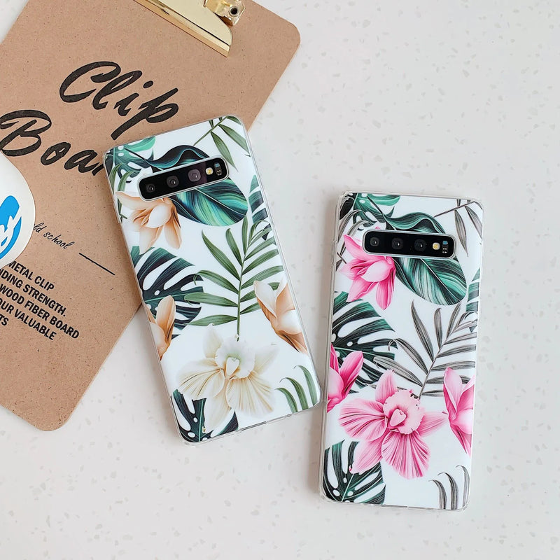 Samsung phone case TPU back cover with green leaf flower design available for S8 S9 S10 S20 A51 Note10 series models in safflower and white flower colour options