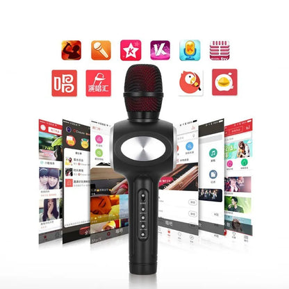 Yaerjia E108 wireless karaoke microphone in black, gold, or pink colour with built-in speaker