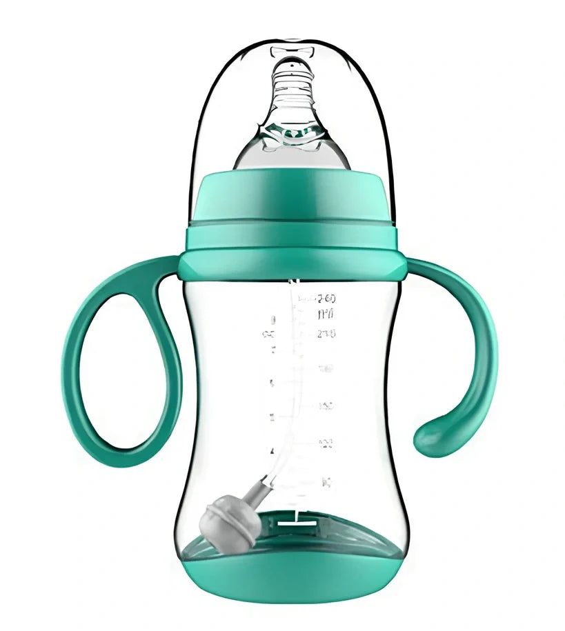 Blue PP baby feeding bottle with curved handles, 240mL capacity, wide calibre, transparent BPA-free design for easy cleaning