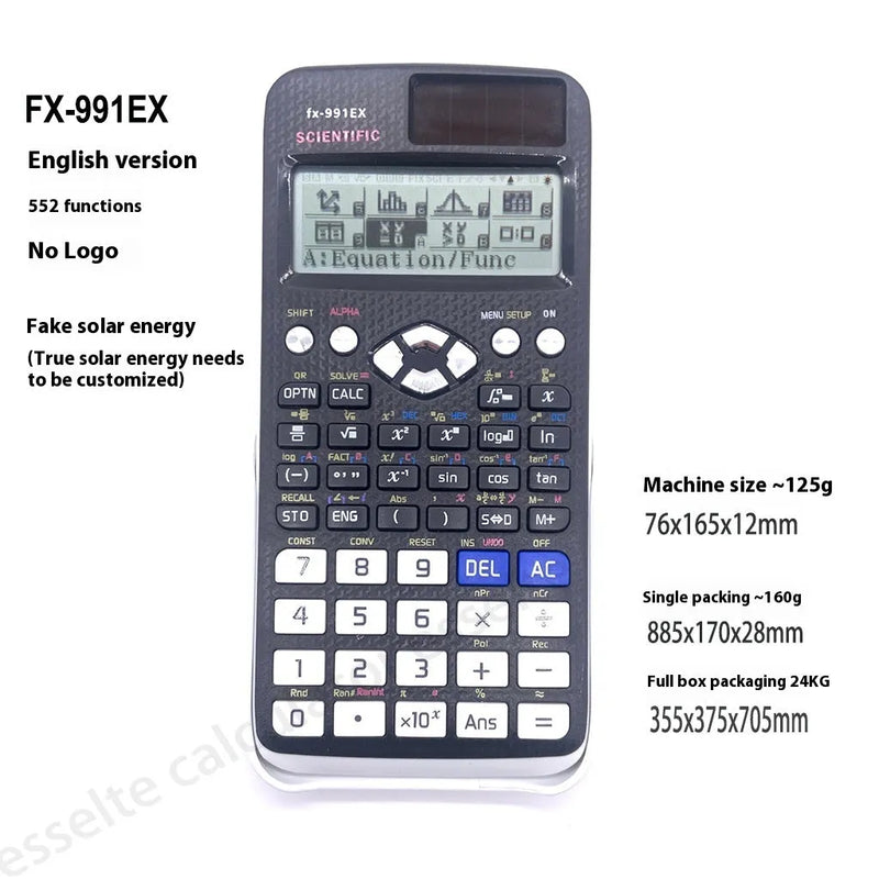 Scientific calculator 991EX for complex statistics, algebra, calculus and exams, featuring solar power with battery backup, ABS plastic construction in black, blue or pink with a 160g weight and single unit packaging.