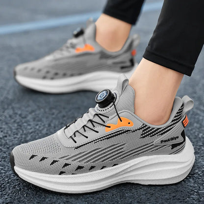 Men's white-green and grey rotating buckle Fly-kit mesh casual sports running shoes on a flat TPU sole.