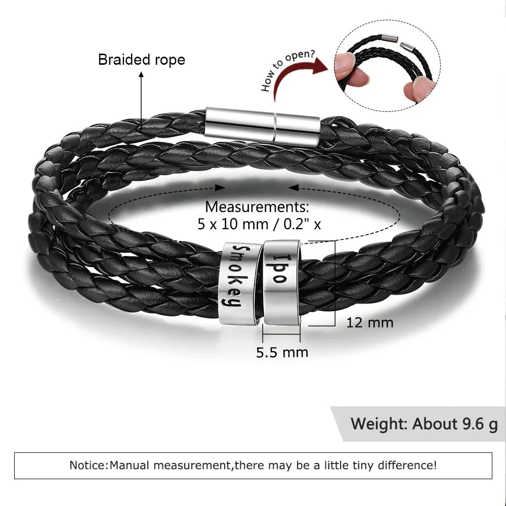 A personalized leather bracelet with engraved beads, a thoughtful gift for men