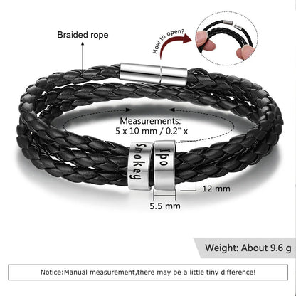 A personalized leather bracelet with engraved beads, a thoughtful gift for men