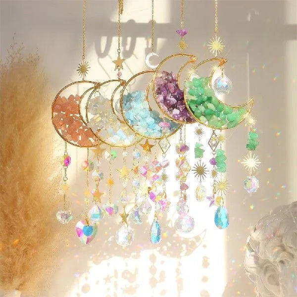 Moon-shaped K9 crystal car pendant with 420mm metal chain and 100mm diameter reflective centre in blue, green, pink, purple, or white