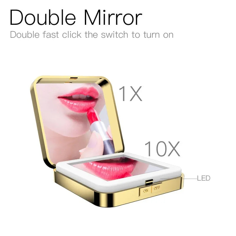 Black or white LED makeup mirror with magnification and standard mirrors, showing three lighting mode buttons.