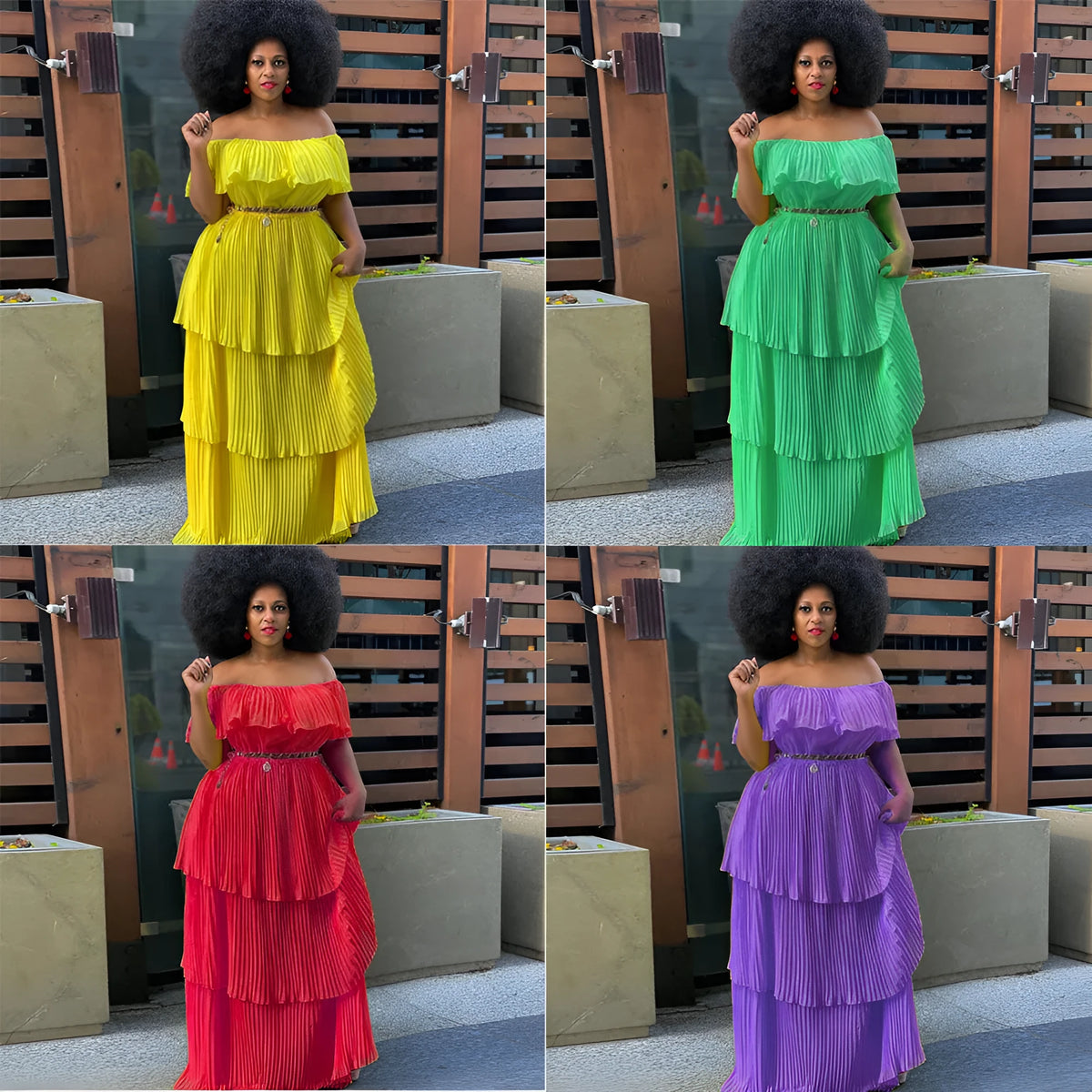 Off-shoulder backless sleeveless pleated maxi dress in yellow red green purple black wine red, sizes S to 4XL