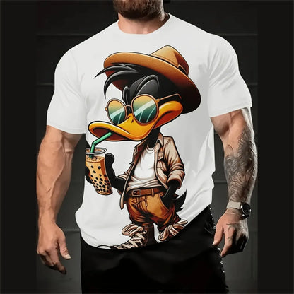 Men's grey loose-fit short sleeve t-shirt featuring a large 3D cartoon character print on the front.