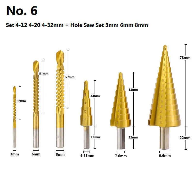 High-speed steel cone step drill bits and a centre punch laid out on a workbench.