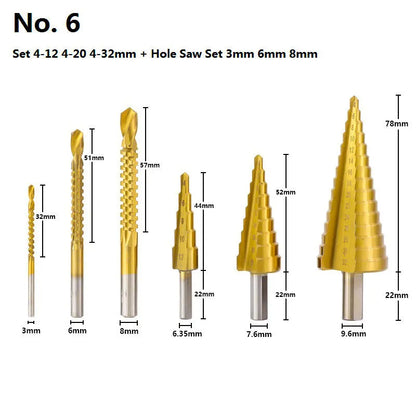 High-speed steel cone step drill bits and a centre punch laid out on a workbench.