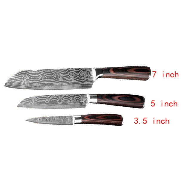 Premium chef knife set with high-performance stainless steel blades, featuring a striking Damascus pattern and ergonomic color-coated handles