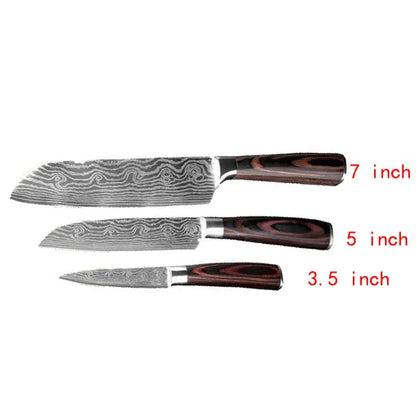7-inch chef knife with laser Damascus pattern on blade and coloured steel handle on a cutting board.