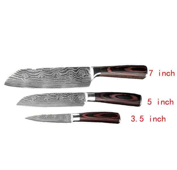Professional chef knife with laser-etched Damascus pattern on 7Cr17 steel blade and coloured wood handle.