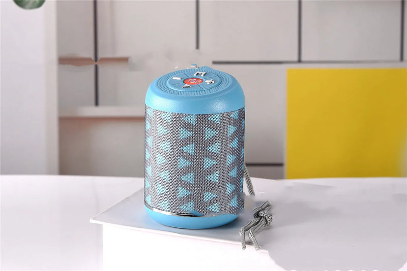 Portable outdoor subwoofer with built-in lithium battery for Bluetooth streaming, offering 3W output power, a 100HZ-20kHz frequency response, and a 10-metre wireless range in colours including black, blue, camouflage, light blue, red, and silver.