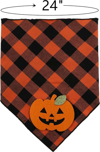 Orange Halloween dog bandana with felt pumpkin appliques on plaid fabric