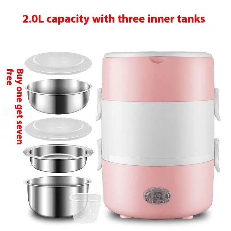 Portable plug-in insulated lunch box with stainless steel inner liner, shown in coffee and pink colour options.