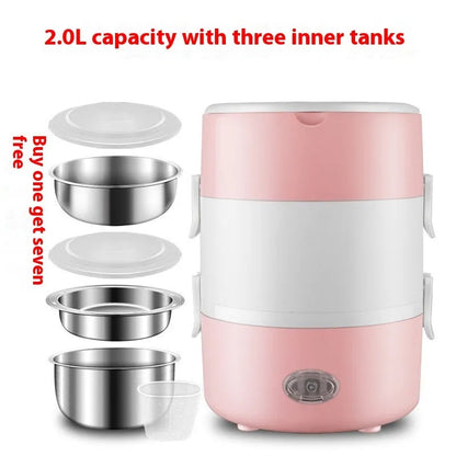 Portable plug-in insulated lunch box with stainless steel inner liner, shown in coffee and pink colour options.