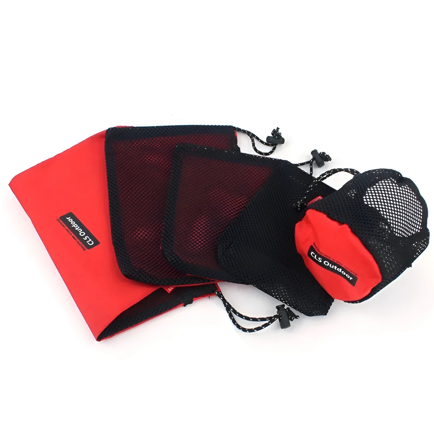 Red five-piece outdoor travel storage bag set with zipper closures and mesh sections