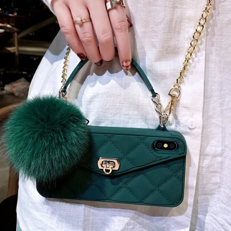 Hairball phone case in dark green grid colour with plush texture, fitting an iPhone