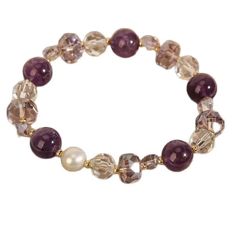 Women's artificial amethyst bracelet with U-shape design showing square stones, round stones, pearl and four-leaf clover charms
