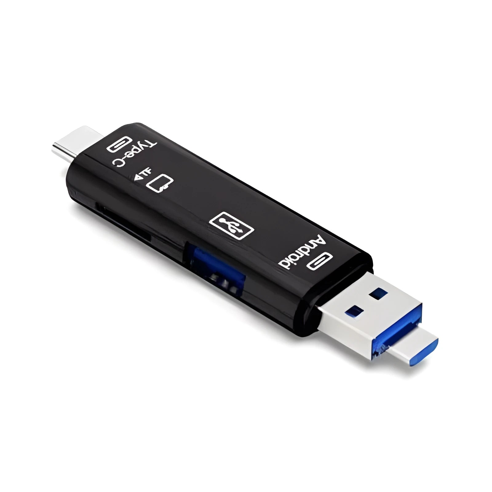 Black Type-C OTG hub adapter with Micro USB port, USB port, and microSD card slot on a white background.