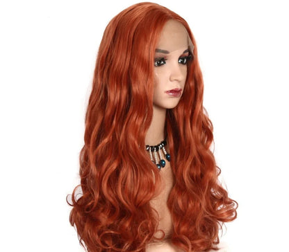 Golden brown medium long curly wig with natural matte hairline and 26-inch length